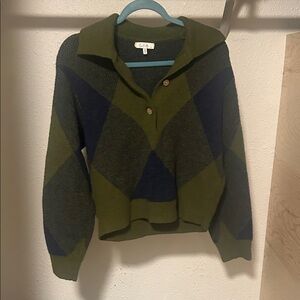 Chic Olive and Navy Argyle V-Neck Sweater